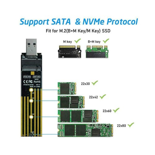 NVMe to USB Adapter, M.2 SSD to USB 3.1 Type A Card, Based Key M.2 Hard O3A1 A6c - Photo 8/10