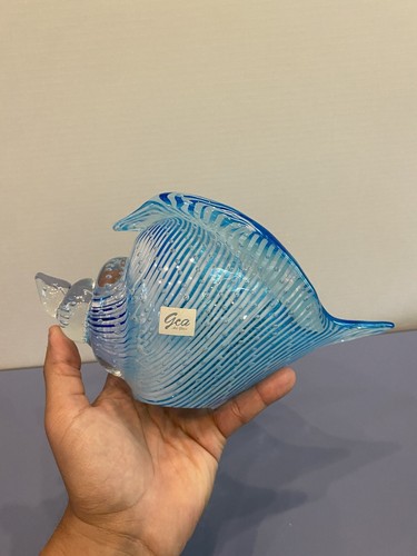 BEAUTIFUL GEA Art Glass Blue/White Hand Blown Conch Shell W Bubbles & LABEL 10"L - Picture 7 of 17