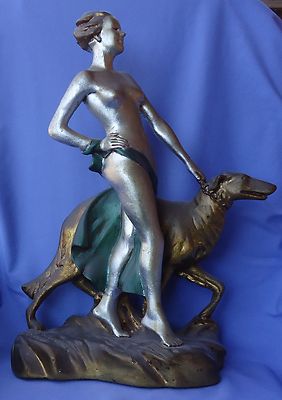 ART DECO BRONZE BORZOI  & NUDE LINDNER 18'' 1935 dog figurine marked