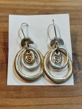Silver and Pale Gold Toned Bee Stamped Metal Dangly Earrings