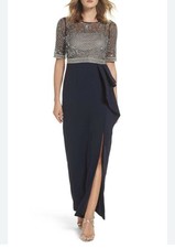 Navy Silver Beaded Formal Dress with Sheer Sleeves and Side Ruffle Detail