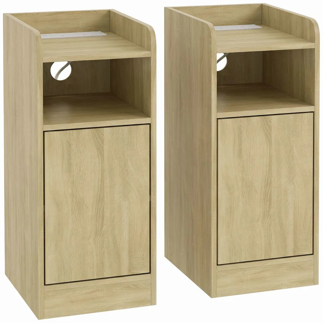 Homcom Unisex Light Oak Slim Bedside Table Set Of 2 With Charging Station, Oak In - Image 2