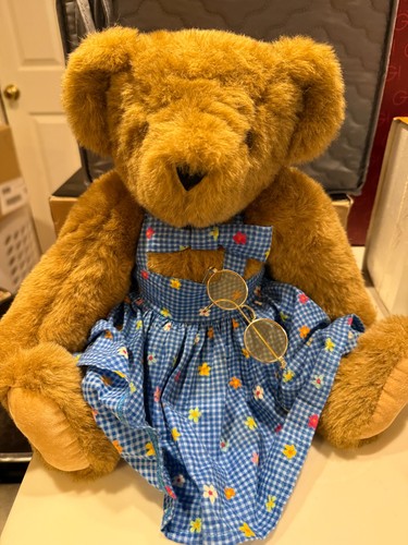 Vermont Teddy Bear Company Brown Fully Jointed Blue Floral Dress 16" PRISTINE CO