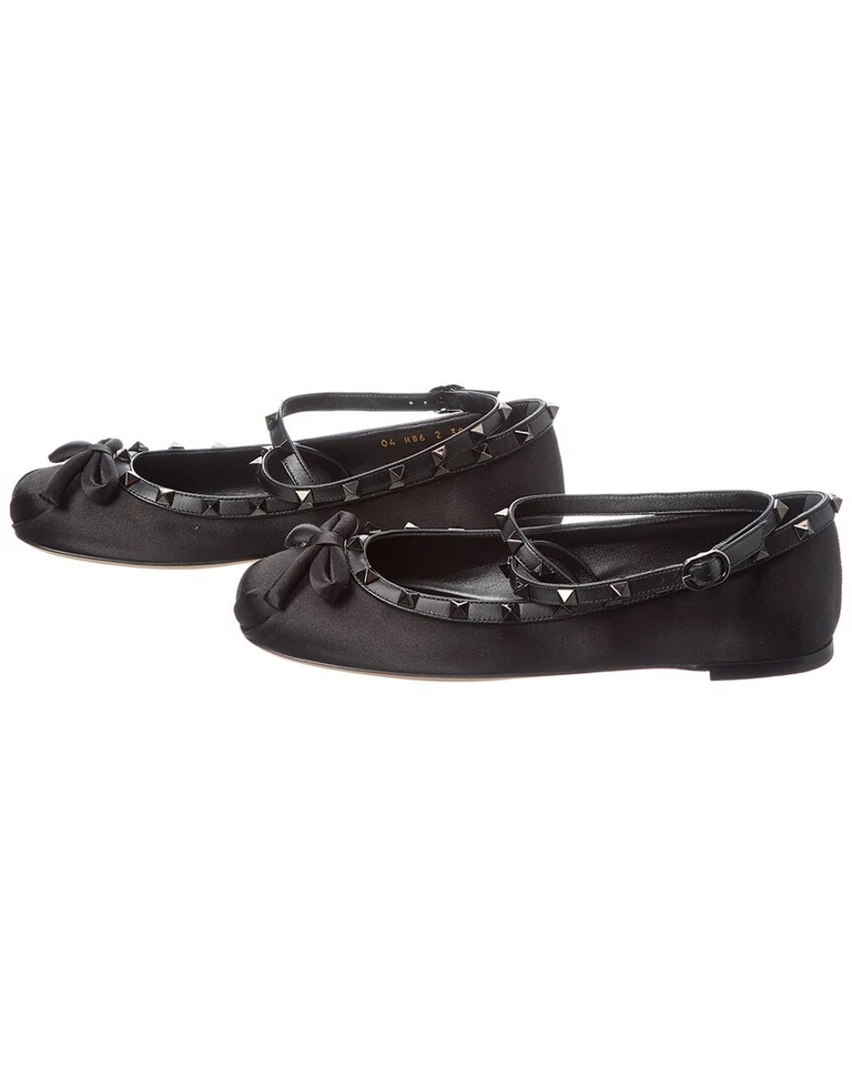 Bailarina plana Valentino Rockstud satinada y cuero con correa al tobillo (auténtica Foto 2 de 4