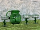 Vintage  Hand Blown Green Glass Pitcher + 3 Margarita glasses SAGUARO CACTUS — photo 1