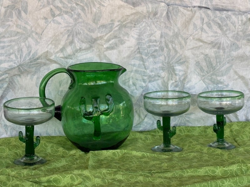 Vintage  Hand Blown Green Glass Pitcher + 3 Margarita glasses SAGUARO CACTUS