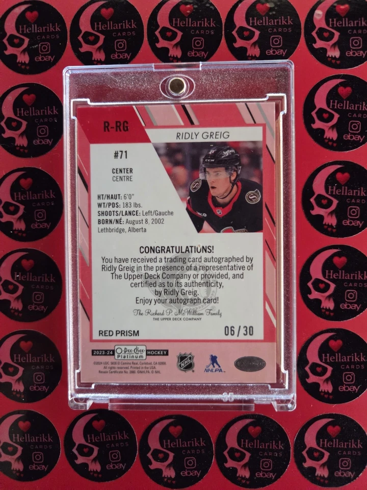 2023-24 Ridly Greig Platinum /30 Red Prism Rookie Auto #R-RG RC O-Pee-Chee - Image 2 of 2
