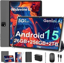 10 Inch Tablet 26GB 256GB 5G Android 15 with Keyboard and Mouse Silver JJGJ