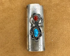 Vintage Navajo Sterling Silver, Turquoise and Coral Lighter Cover