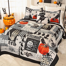 Halloween Quilt Set Queen Size Bedspread with Pillow Shams Festival Themed Beddi