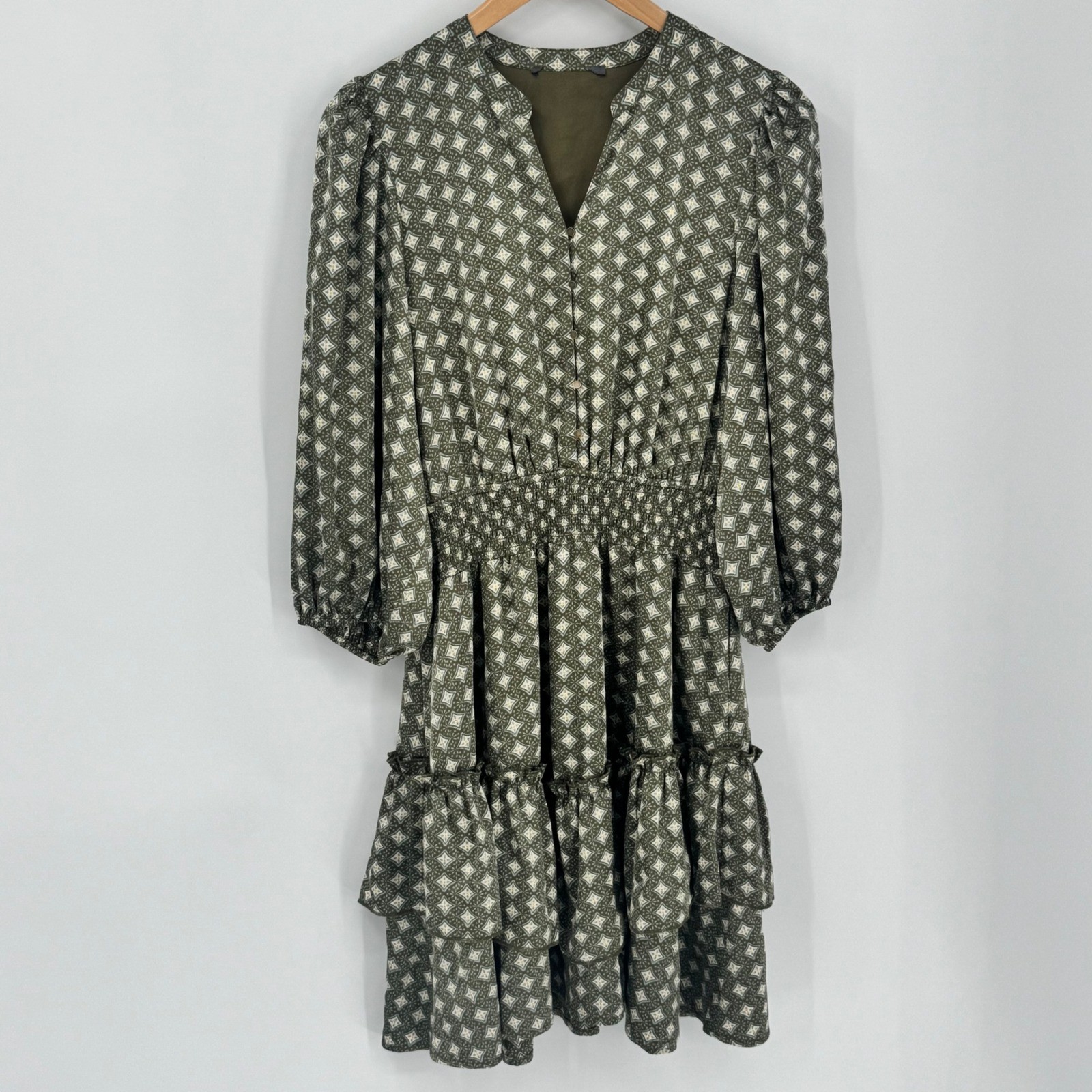 Robbie Bee Geometric Green Tiered Midi Dress Smocked Lantern Est. sz Small