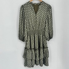 Robbie Bee Geometric Green Tiered Midi Dress Smocked Lantern Est. sz Small