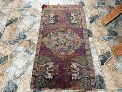 Vintage Anatolian Rug Small Purple Tribal Turkish Wool Tribal Accent Rug 1.7x3