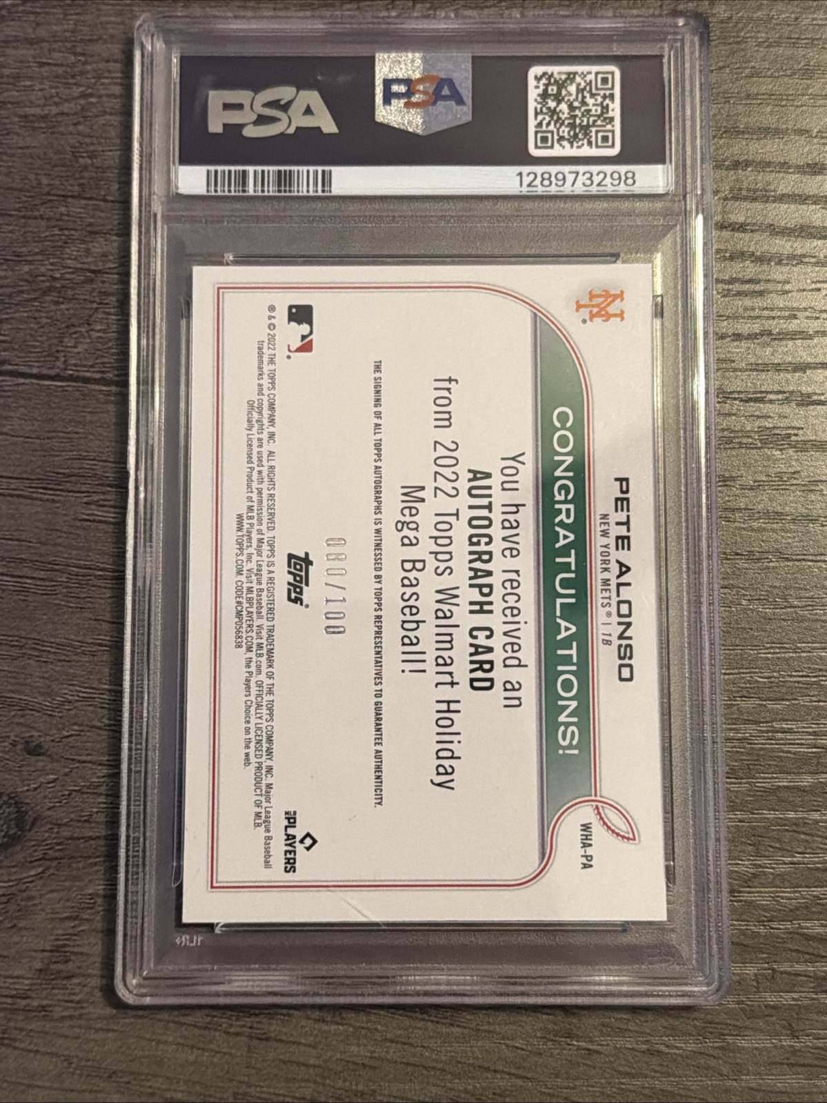 2022 Topps Holiday - Pete Alonso #WHAPA Auto PSA 10 #80/100 view 2