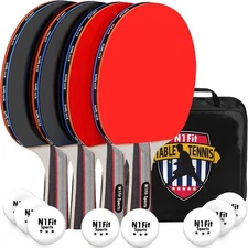 Ping Pong Paddles - Set of 4 High-Performance 5-Ply Rackets, 8 Professional 3...