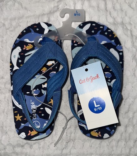 Cat & Jack Flip-Flop SandalsWhale Sea Design Blue/Ash Kids-todlers Size L 9/10 - Picture 2 of 4