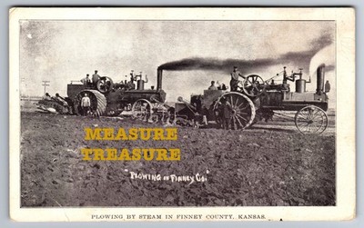 C.1910 FINNEY COUNTY, KS KANSAS PLOWING BY STEAM TRACTOR Postcard Q13
