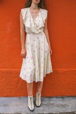 Vintage Handmade Floral Midi Dress with Ruffled V-Neckline, Wedding guest pastel