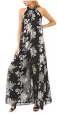 Msk Women's Black Metallic Floral-Print Halter Wide-Leg Jumpsuit Size Small New