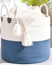 KAKAMAY Large Woven Blanket Basket 18x18x16 - Baby Laundry Hamper Storage Cotton