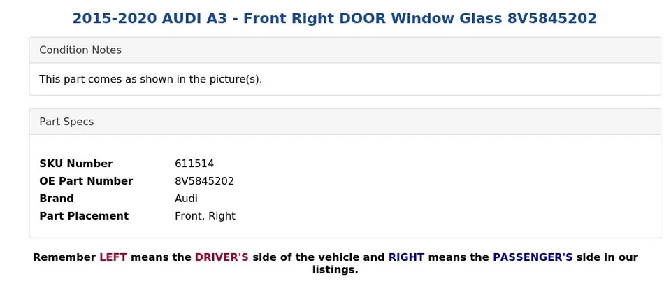 AUDI A3 2015-2020 - Puerta delantera derecha ventana cristal 8V5845202 Foto 3 de 4
