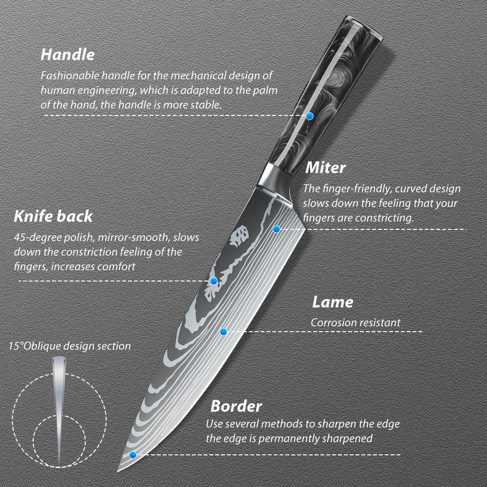 9PCS Kitchen Knife Set Japanese Damascus Pattern Chef Knives Stainless Steel USA