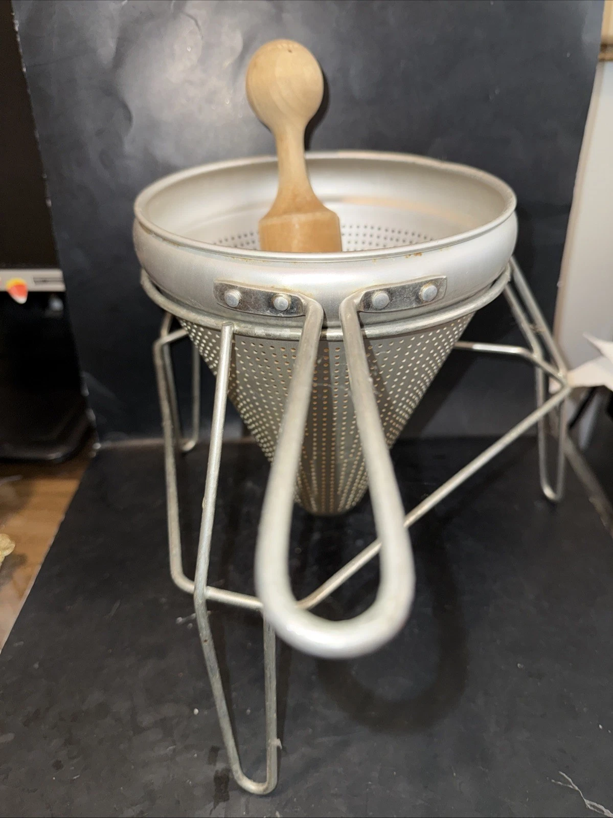 Vintage 3 Piece Aluminum Cone Canning Sieve Strainer Colander Wood Pestle Stand