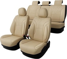 Beige Car Seat Covers Full Set - Breathable Faux Leather Universal 5 Seat Beige Car Seat Covers Full Set - Breathable Faux Leather Universal 5 Seat