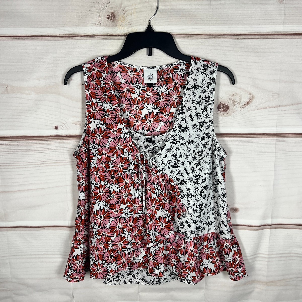 CAbi Top Women Medium Pink Red Floral Blouse Tie Neck Layered