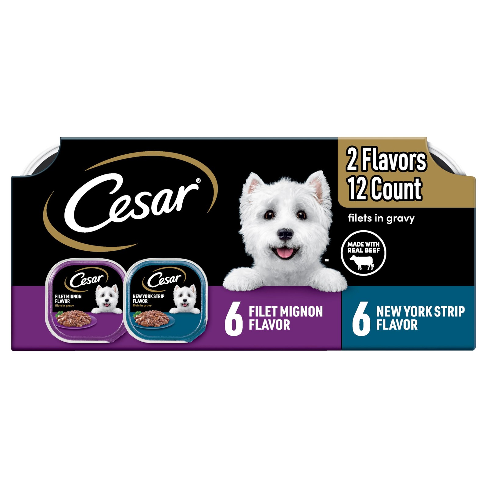 Cesar Adult Soft Wet Dog Food Variety Pack 12 Count Filet Mignon New York Strip