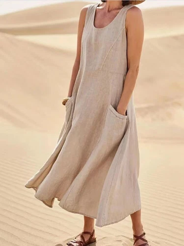 Women's Cotton Linen Maxi Dress Ladies Solid Pockets Sleeveless Summer Sundress - Picture 21 of 34