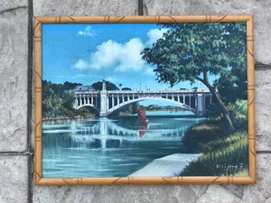 Early 20th Century Chinese Oil on Board Painting River Scene Wei Jiang Signed