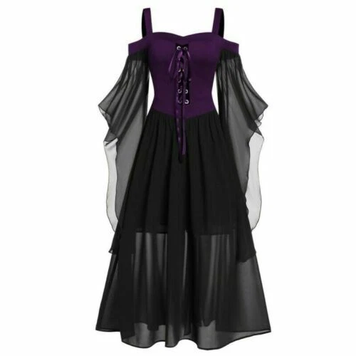 Kleider Plus Gothic Halloween Kleid Schnürärmel Fledermaus Damen Cold Shoulder - Bild 8 von 20