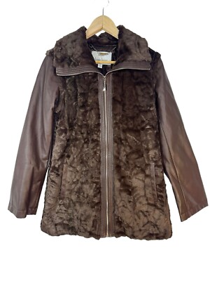 Dennis Basso Sterling Brown Faux Leather Fur Jacket Vest REMOVABLE Sleeves  XXS
