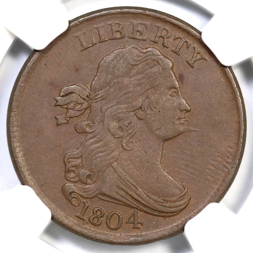 1804 C-6 NGC AU 55 Spiked Chin Draped Bust Half Cent Coin 1/2c
