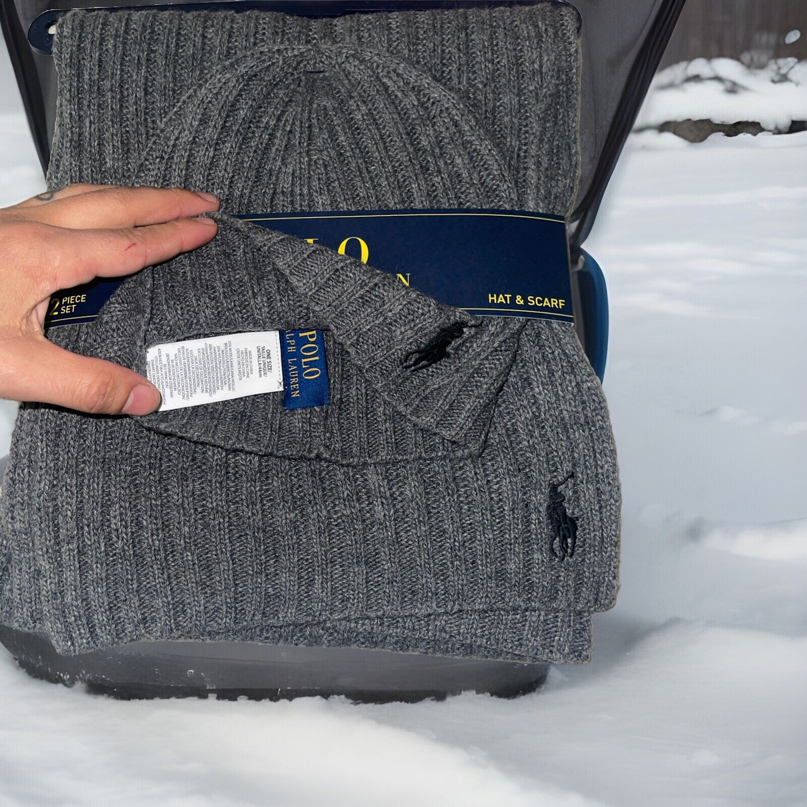 NUOVO Polo Ralph Lauren uomo berretto e sciarpa grigio scuro set costine Ble Pony taglia 1