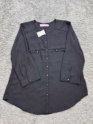 Lots Of Luxe Top Women Small Black 3/4 Sleeve Sharpened Stud Button Up Shirt NWT