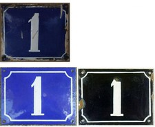Large old blue French house number 1 door gate plate plaque steel enamel sign