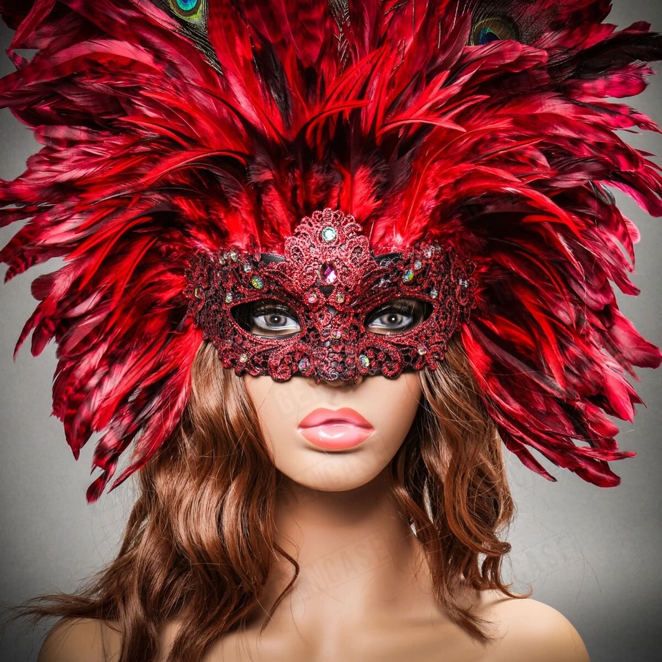 Red Tall Feather Venice Carnival Mask for Women Masquerade Sexy Venetian Costume - Image 2 of 4