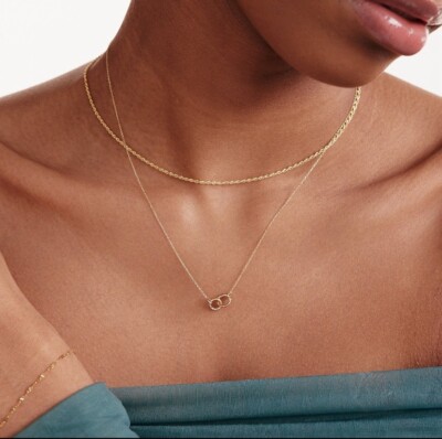 14K Solid Gold Interlocking Circle Necklace, Two Gold Circles, 19 Gift For Women