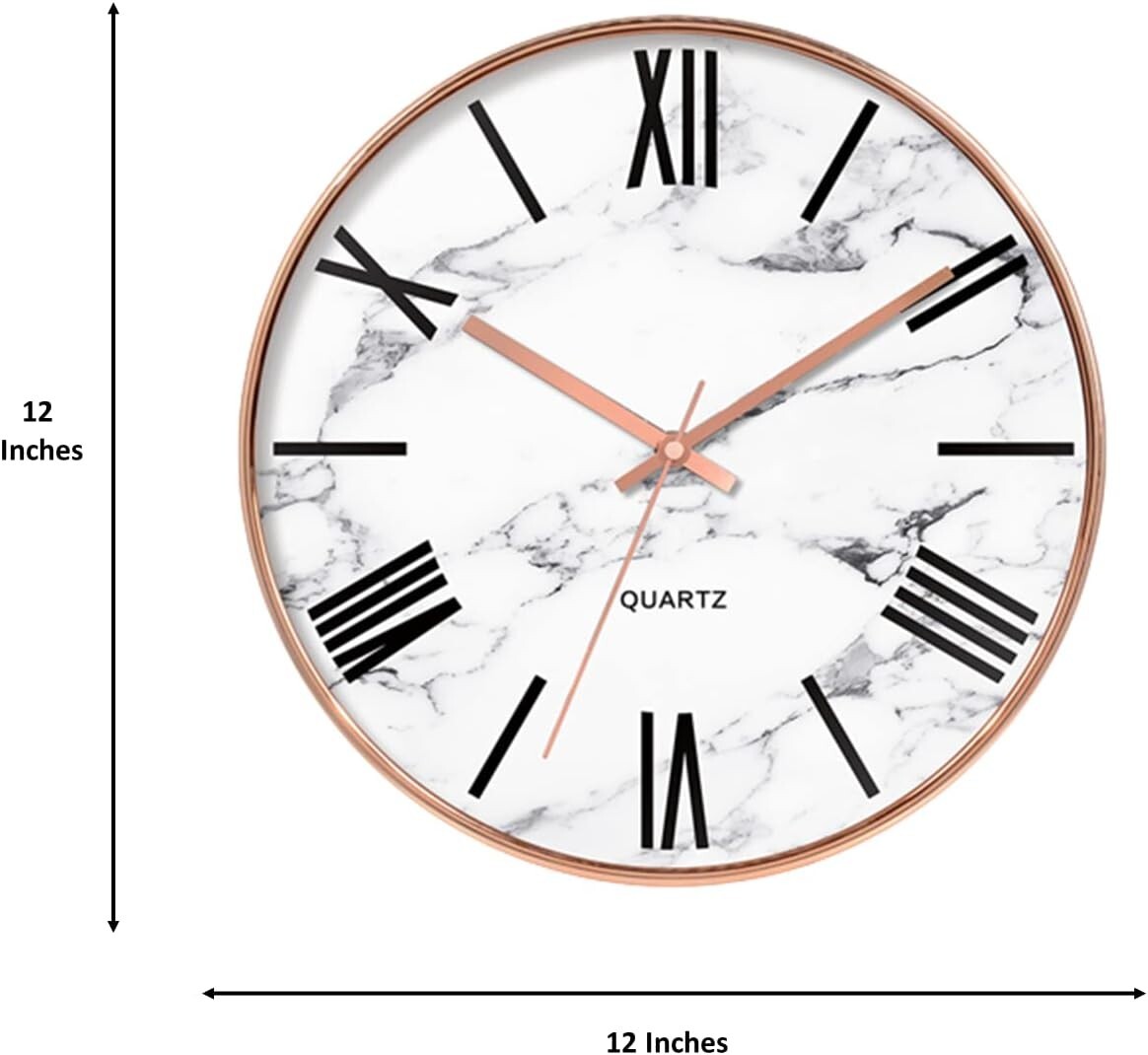 Rose Gold and White Marble Design, Silent Non-Ticking 12 Inch Wall Clock, Modern