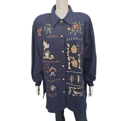 CST Sport Womens Trendy Dressy Embroidered Shaket Shirt Jacket 2X Plus Size Blue