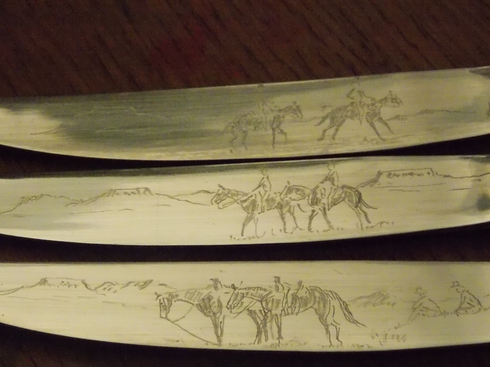 3 Beautiful Engraved Western Scenes Cowboy Horses by Sandi on Walco Steak Knives