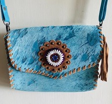 Western Leather Cowhide Turquoise Fringe Crossbody Shoulder Handbag Purse