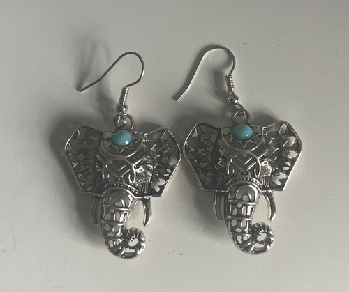 BOHO CHIC VINTAGE LOOK ELEPHANT SILVER DANGLE EARRINGS FESTIVAL - Picture 2 of 3