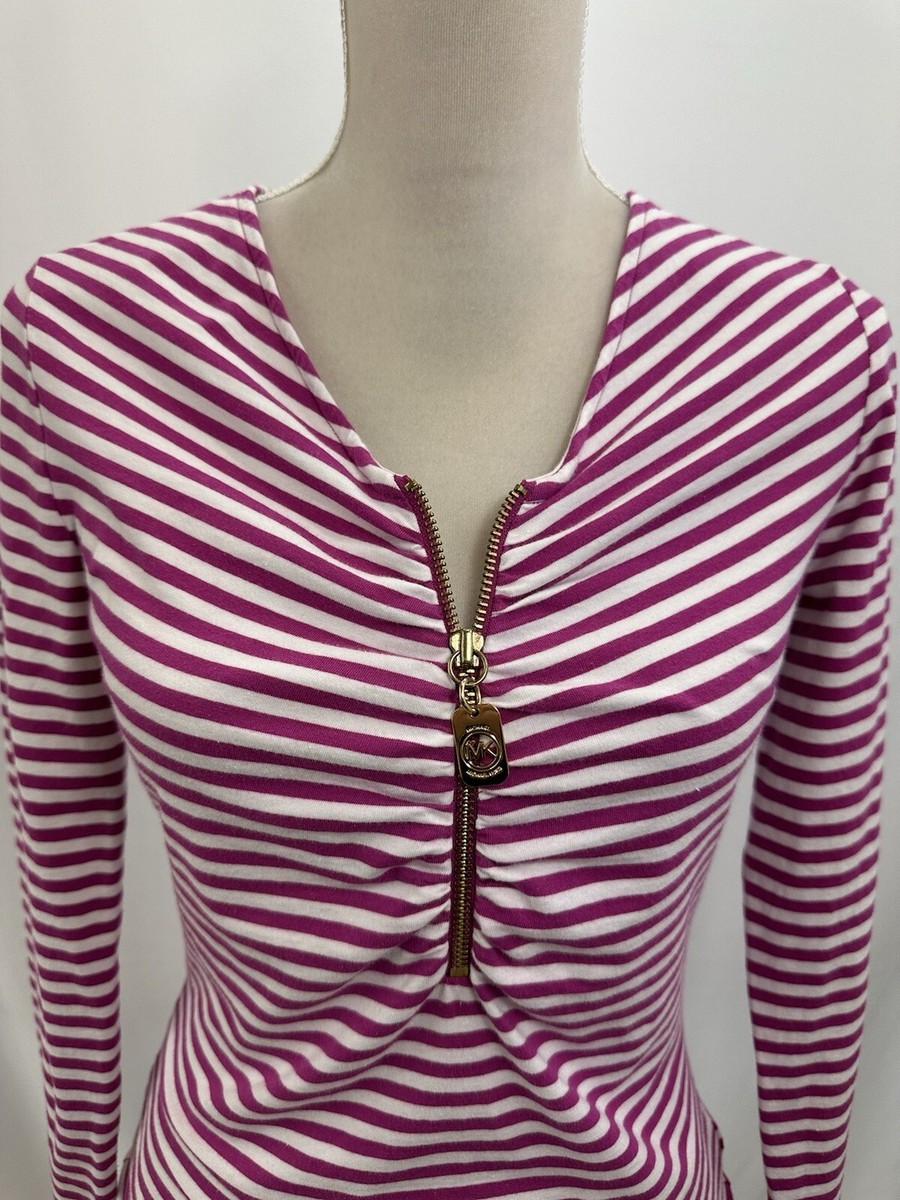 Michael Kors White Pink Stripe 1/4 Zip Top V Neck Women's XS