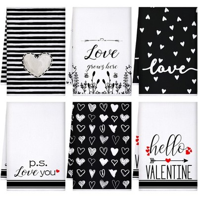 6 PCS Valentines Day Kitchen Towels Heart Stripe 17x26 Inch Love Dish Rag