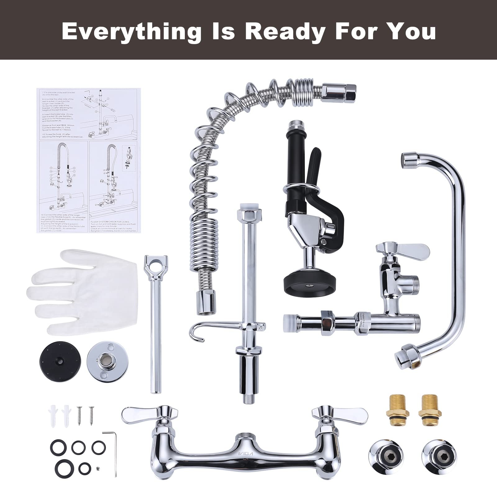 Commercial Kitchen Faucet Wall Mount with Pre-Rinse Sprayer 8 Inch Center Wal...