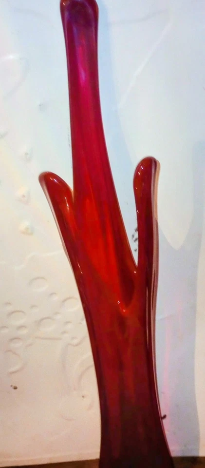 VTG Retro MCM 28" Tall Red Swung Vase 3 Foil Triangle 3 Finger Red Art Glass - Image 2 of 4