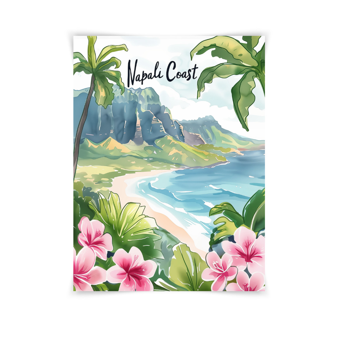 Napali Coast Watercolor Print, Kauai Hawaii Tropical Beach Art
